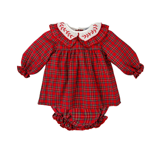 Vestido corto cuadros con cuello bordado y cubrepañal